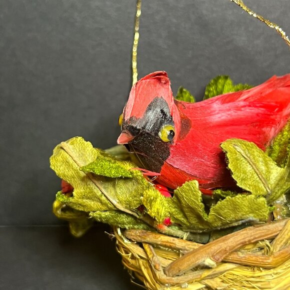 Vintage Handcrafted Cardinal Bird in Woven Wicker Nest Christmas Tree Ornament - Picture 2 of 8